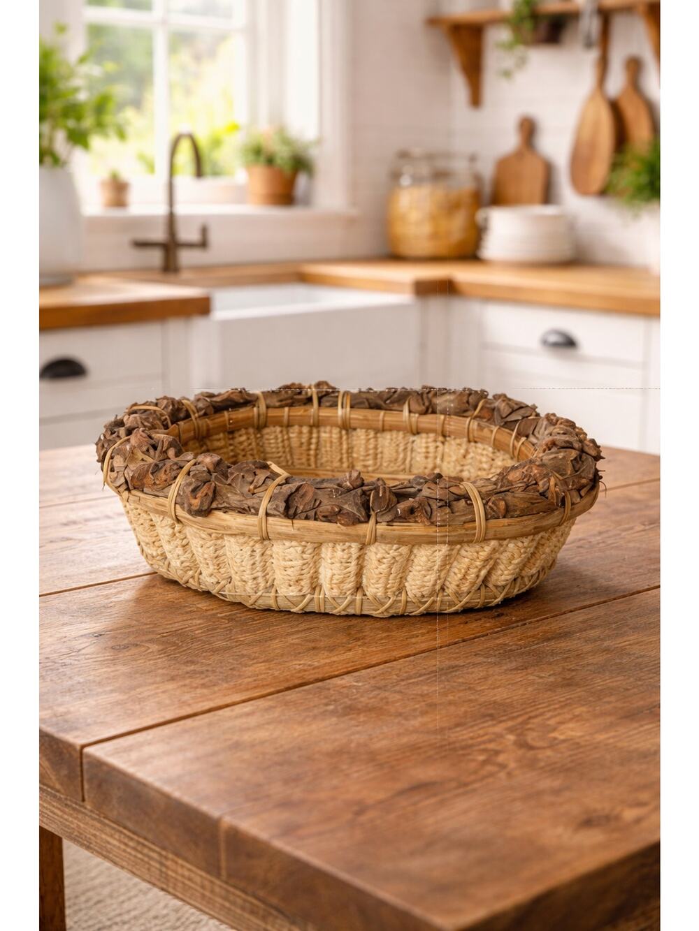 Dried Corn Stover Storage Basket Bark Trim Country Farmhouse Farm Decor Folk Art